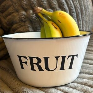 Vintage White Enamelware Fruit Bowl Featuring FRUIT written in Black Script